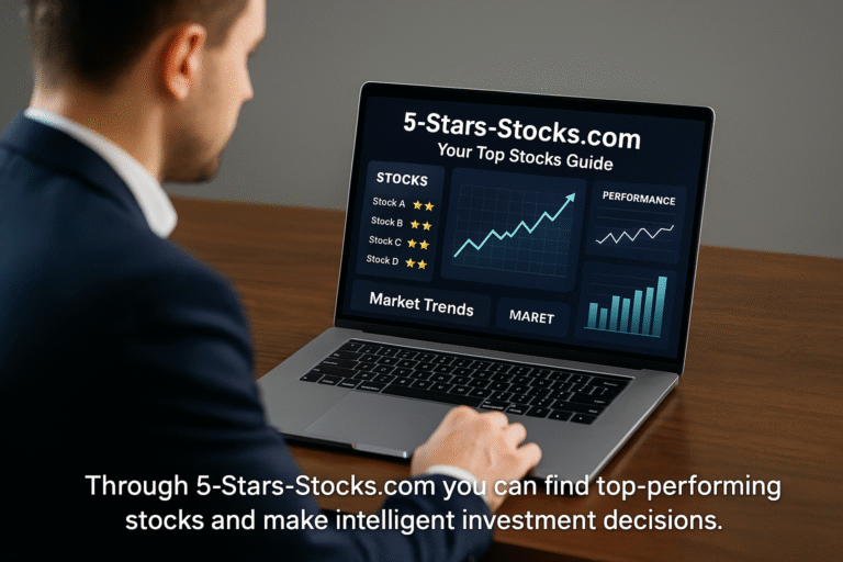 A stock market dashboard that is showing stocks with a five-star rating system, financial growth graphs, and the current market pace