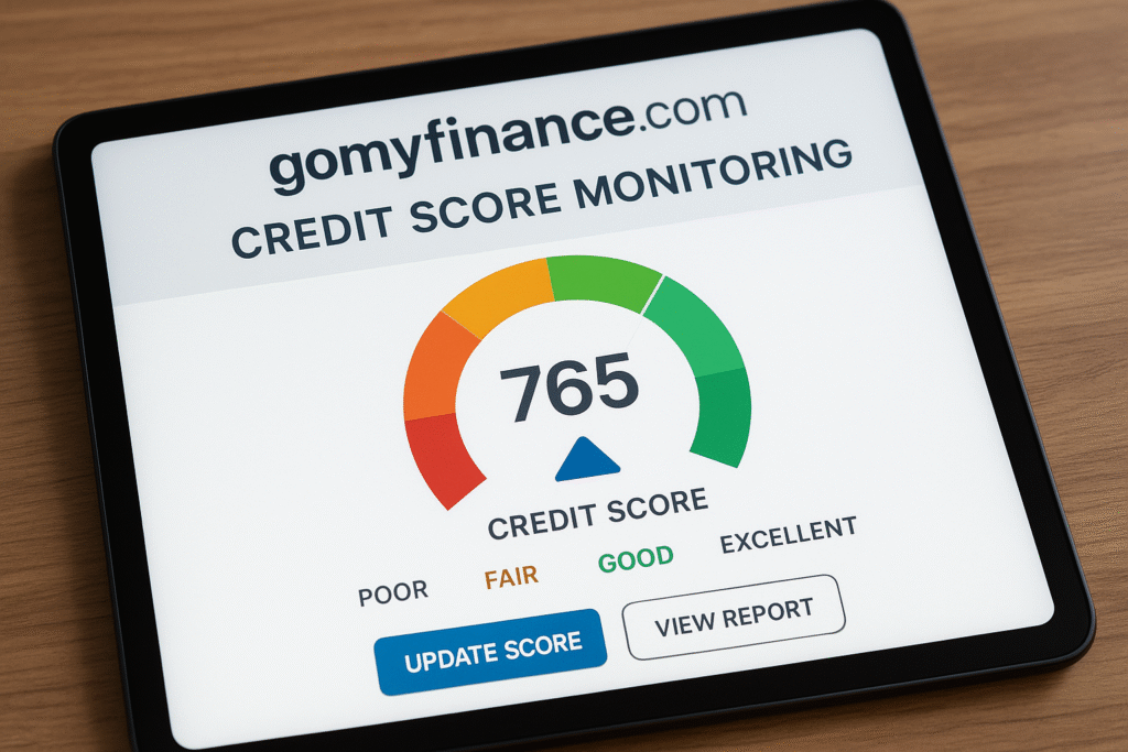 gomyfinance.com credit score report on a digital screen