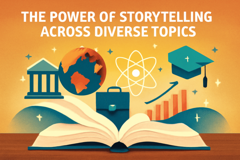 An open book with pages transforming into storytelling elements like history, science, business, and education