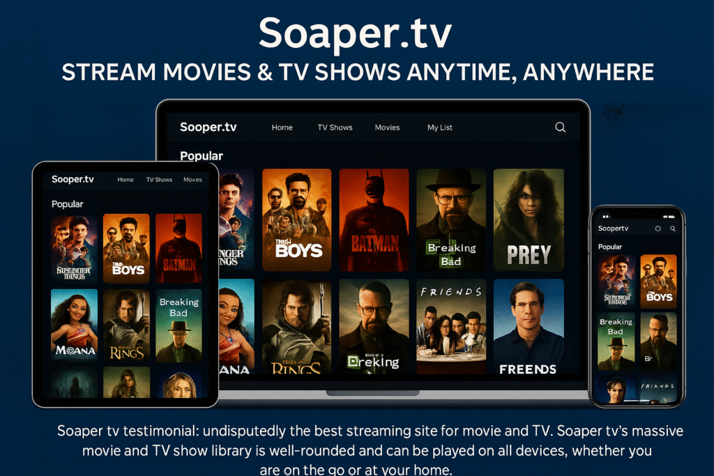 Soaper.tv streaming platform interface represents various TV shows and movie titles on different devices